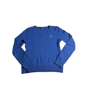 Ralph Lauren Sport Womens L Royal Blue Merino Wool Cashmere Blend V-Neck Sweater